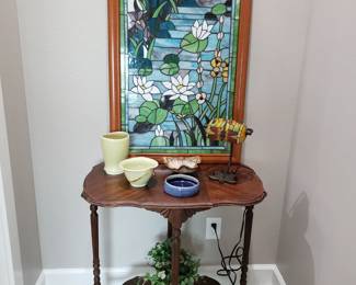 ANTIQUE TABLE, STAINED GLASS PANEL & STUDIO POTTERY