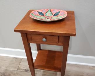 WOODEN TABLE AND POTTERY BOWL