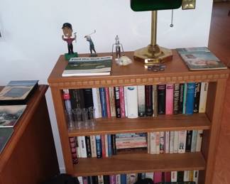 Books, vintage lamp, fun golf items 