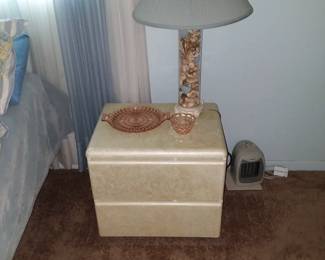 MCM bedside table, shell lamp 