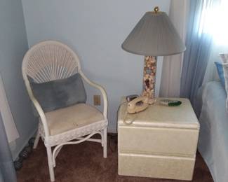 Other bedside table, shell lamp, side chair 