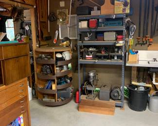 wood shop shelves and tools