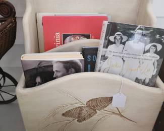 Magazine rack and books