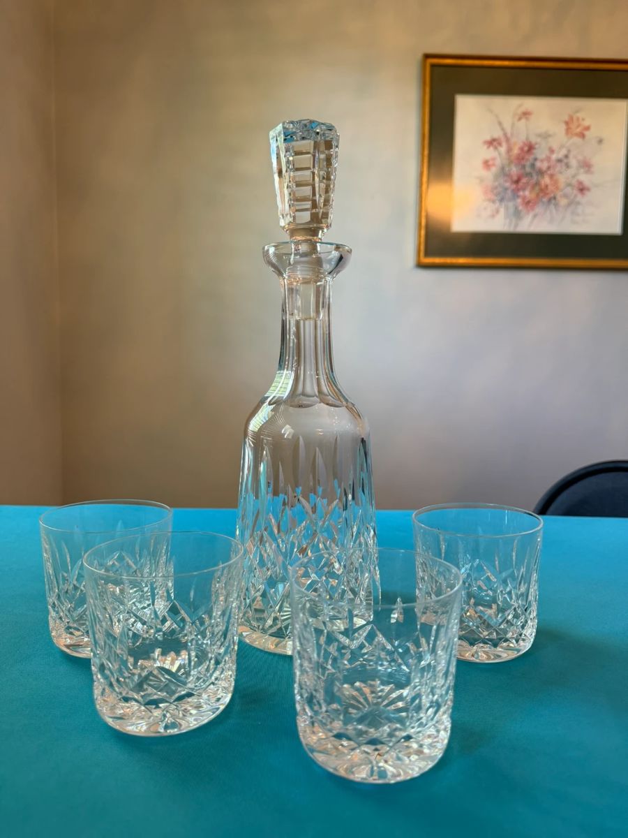 Gorgeous Waterford Crystal (Lismore) decanter and double old fashioned glasses. Also, stemmed wine and water glasses in the Lismore pattern.