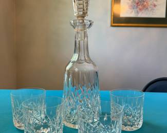 Gorgeous Waterford Crystal (Lismore) decanter and double old fashioned glasses. Also, stemmed wine and water glasses in the Lismore pattern.