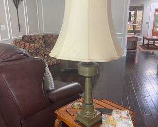 Leather recliner, lamps and nesting tables 