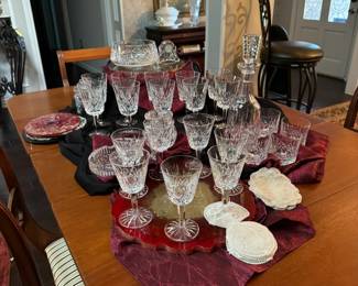 Waterford Crystal Lismore water goblets, wine glasses, angel, clock, ashtray, double old fashioned with matching elegant decanter.