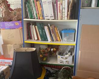 Bookshelves, lamps, books.