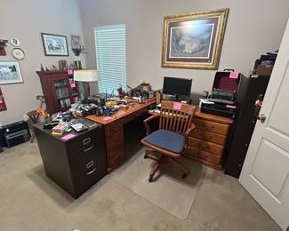 Oak corner office desk, file cabinet, typewriters