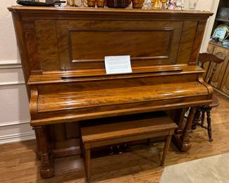 Burled mahogany vintage piano, in pristine condition!
