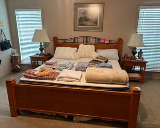 Bed with king size mattress, linens, two, matching nightstands