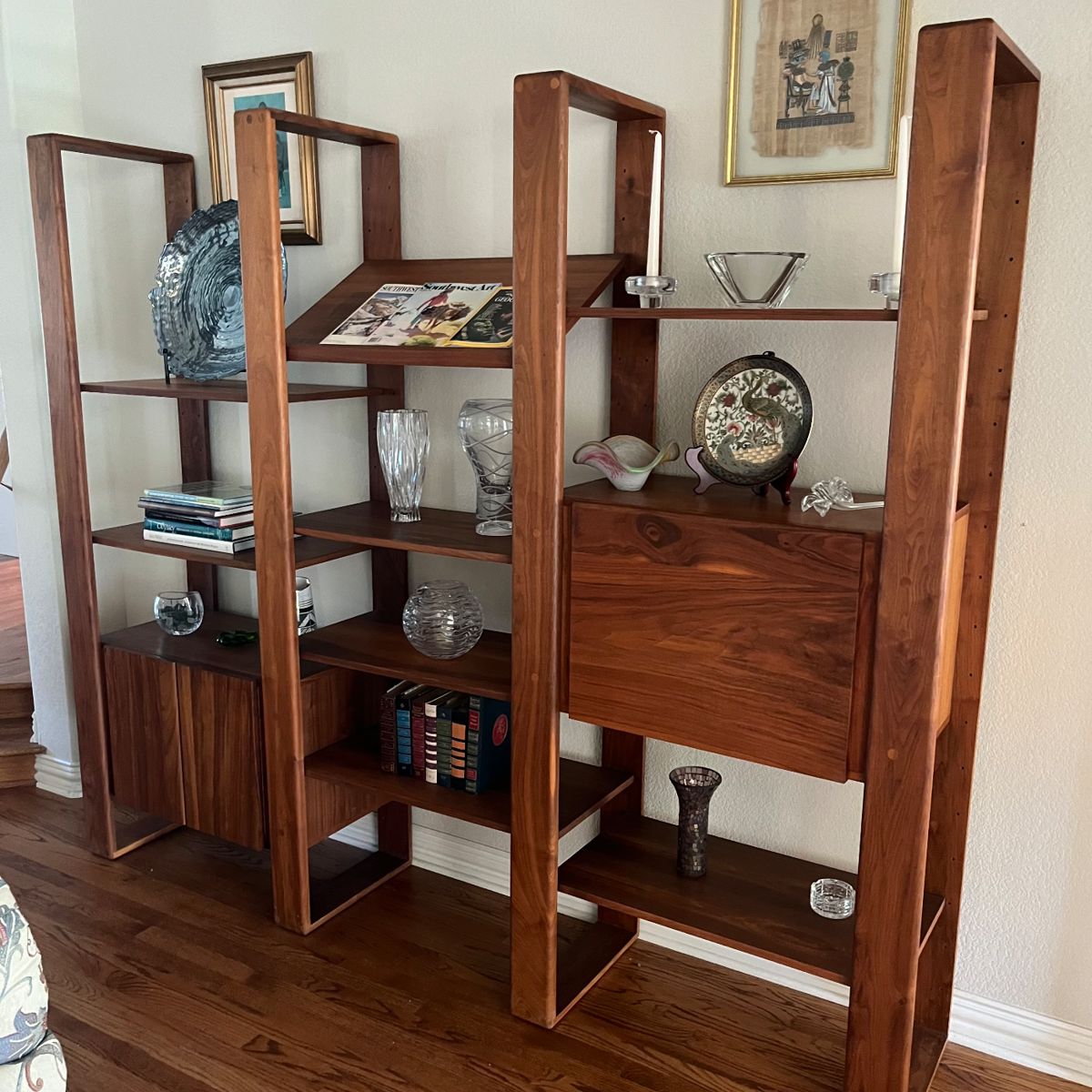 Lou Hodges modern/mid-century MCM free-standing shelving unit in rare Walnut.