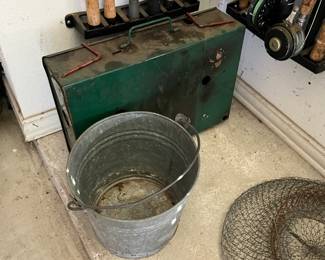 galvanized bucket and camp stove