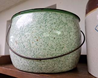 Green white enamelware pot with lid