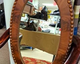Vintage and modern mirrors.  Antique beaded wood oval mirror 