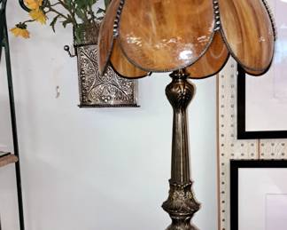 Much antiques, primitives and collectibles. Vintage stained slag glass table lamp