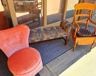Chairs and upholstered scroll bench