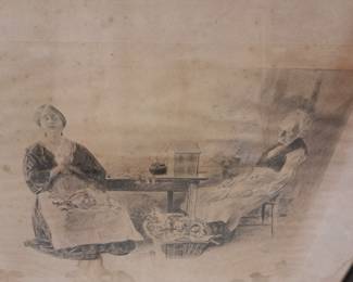 Wide variety of artwork. Vintage framed "Caleb Summer and his Daughter" from "The Cricket on the Hearth"