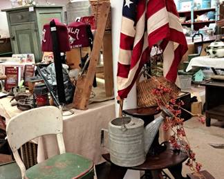 Rustic Cosco step stool, watering cans and wood plant stand