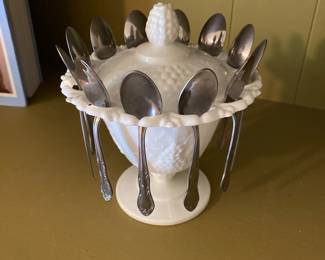 Milk Glass Sugar bowl with spoons