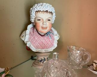 Bisque Hand Painted Happy Baby on Stand