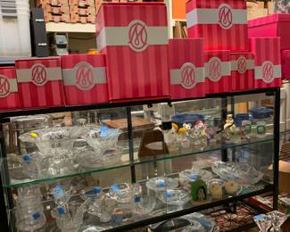 Depression glass, Heisey, Fostoria.  Marie Osmond dolls in boxes, MCM stainless service