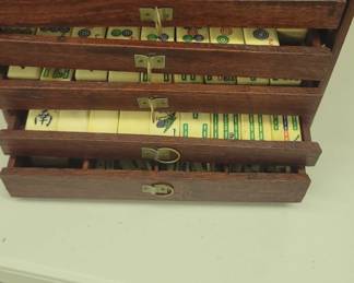Mahjong Set Bone & Bamboo Mini Tiles, Wood Case 1920s
