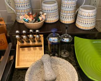 Denby Monsoon Cordoba - 2 Pitchers, 2 Canisters, Molcajete Stone Mortar & Pestle