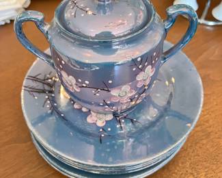 RS Japanese Blue Luster Sugar Bowl, Snack Plates with Dogwood Design