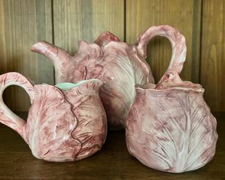 1989 Fitz & Floyd Pink Cabbage Teapot, Cream & Sugar Bowl