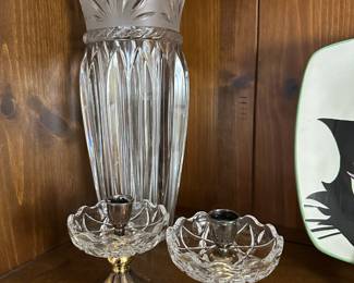 Cristal d' Arques France Crystal Glass Vase, Pair of Prestige Silver Candle Stick Holders

