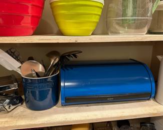 Le Creuset Blue Spatula Crock, Brabantia Blue Metal Roll Top Bread Box 