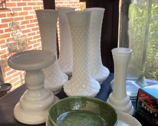 Vintage candlesticks, dishes, plates, bowls, etc.
