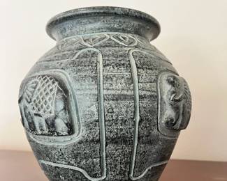 Elephant Motif Black/Gray Terra Cotta Vase