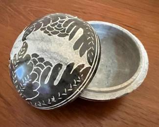 Carved Black Stone Round Trinket Box