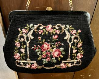 1950's Black Floral Needlepoint Handbag
