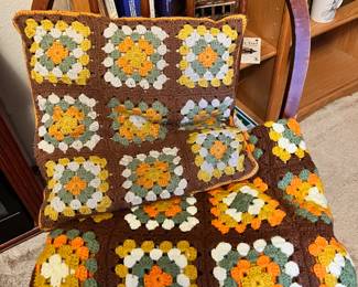 Mid Century Crocheted Throw Blanket and Pillow