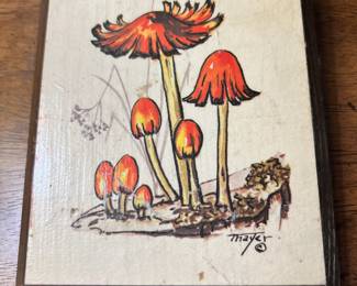 Painted Plaque with Mushroom Design - Signed Thayer