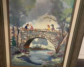 Framed & Matted Oil Painting of Crowd on Bridge - Signed by Artist