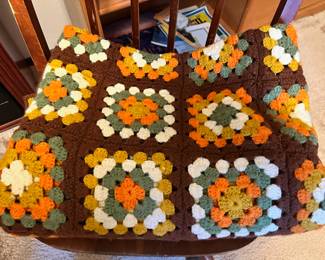 Mid Century Crocheted Throw Blanket and Pillow