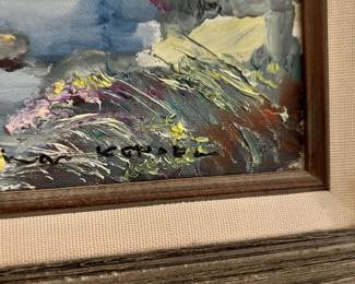 Framed & Matted Oil Painting of Crowd on Bridge - Signed by Artist