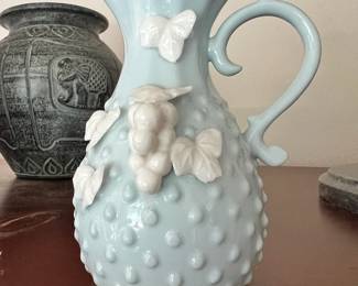 Norcrest Light Blue Hobnail Pitcher with Grape Design