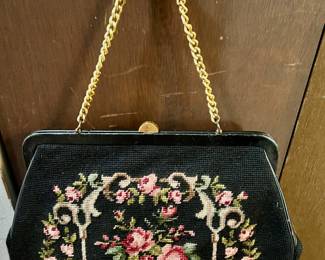 1950's Black Floral Needlepoint Handbag
