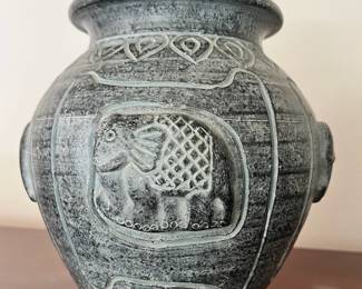 Elephant Motif Black/Gray Terra Cotta Vase