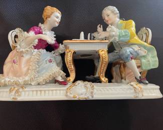 Homco Victorian Couple Playing Chess Porcelain Figurine