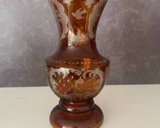Amber Cut To Clear Glass Vase