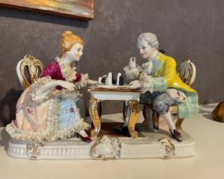 Homco Victorian Couple Playing Chess Porcelain Figurine