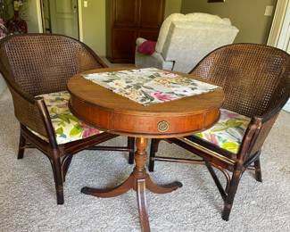 English Chesterfield Style Round Side Table, Pair of Bentwood Rattan Barrel Chairs