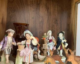 Pair of Dresden Porcelain Boy & Girl Figurines "Gathering Grapes", Wood Carved Deer Figurines