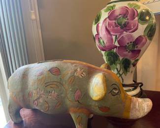 Folk Art Painted Pottery Piggy Bank
